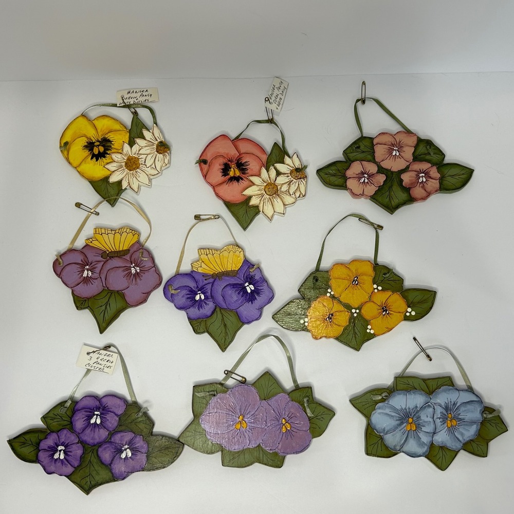 Hand Painted Wood Floral Ornaments Pansy Daisy Butterfly Spring Summer Lot of 9
